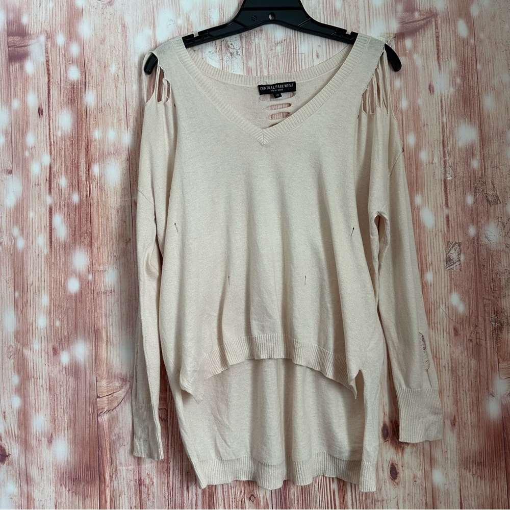 Central Park West Revolve Distressed Ripped V-neck Sweater Cream XS - Picture 2 of 16